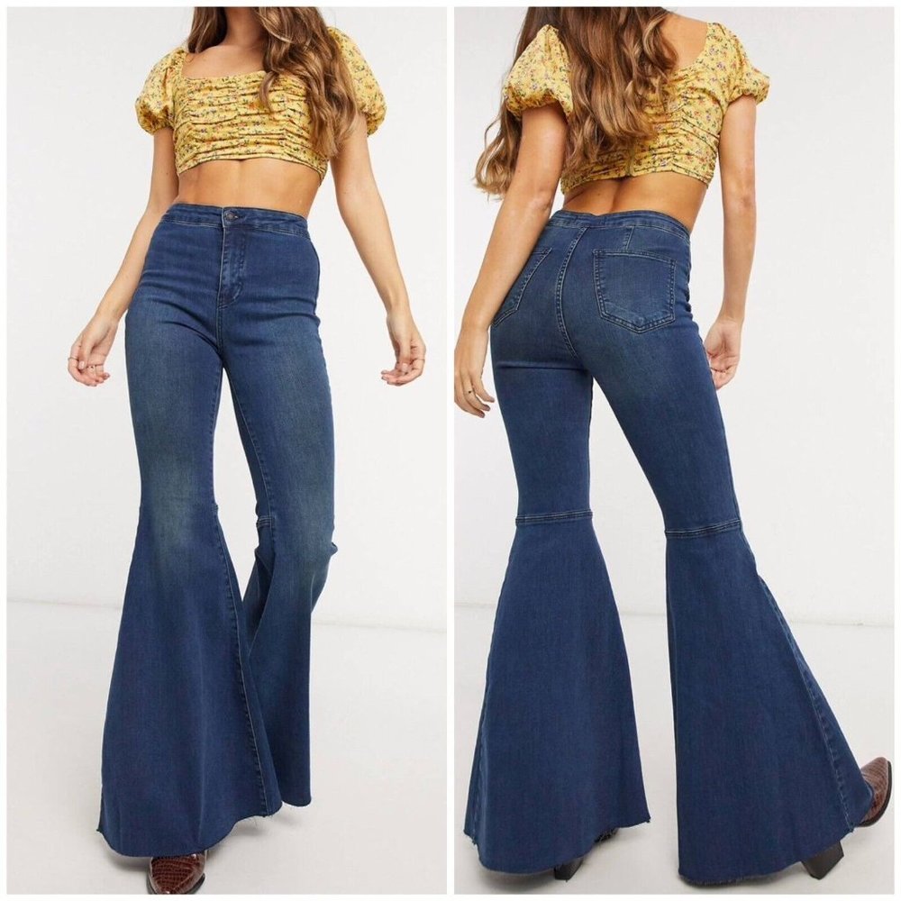 FREE PEOPLE Just Float On Flare Jeans High Rise Stretch Denim Bell Raw Hem 25